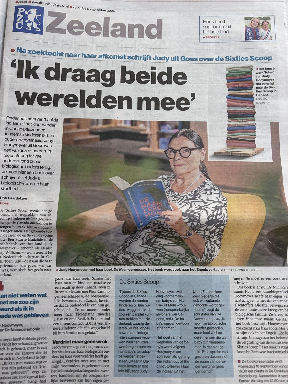 De krantenpagina van de PZC van 5 september 2026 met het interview met Judy Hooymeyer, onder de kop Ik draag beide werelden mee